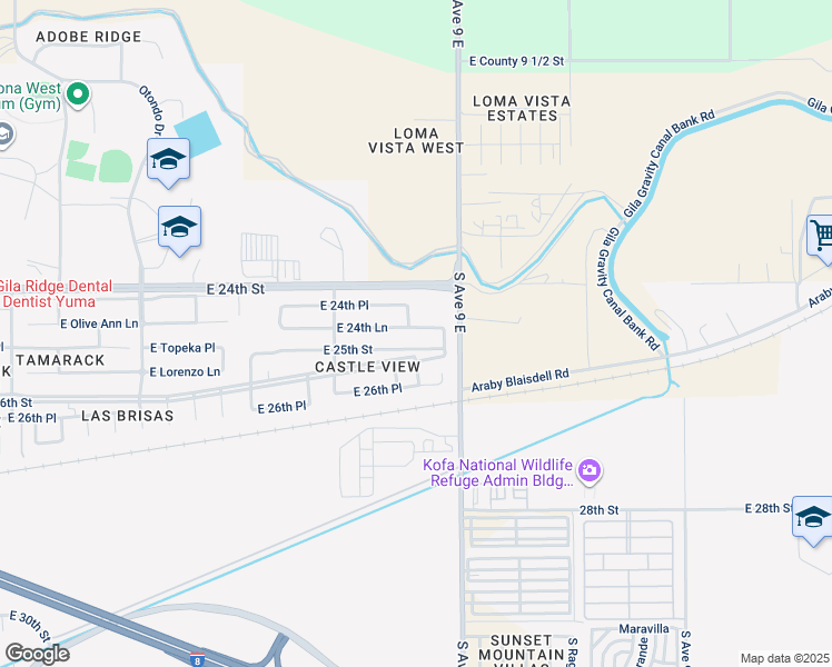 map of restaurants, bars, coffee shops, grocery stores, and more near 8921 East 24th Lane in Yuma