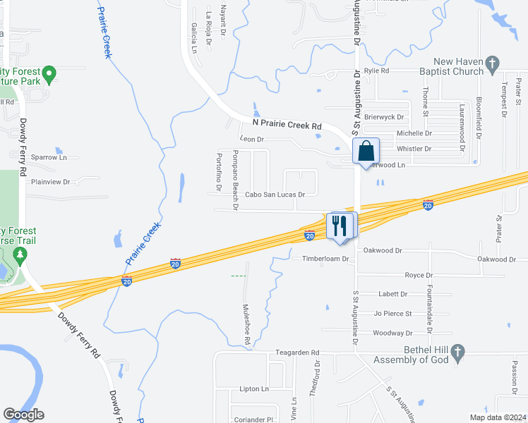map of restaurants, bars, coffee shops, grocery stores, and more near 9401 Sandyland Boulevard in Dallas
