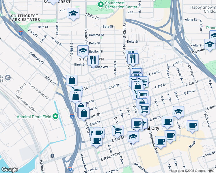 map of restaurants, bars, coffee shops, grocery stores, and more near 415 East 1st Street in National City