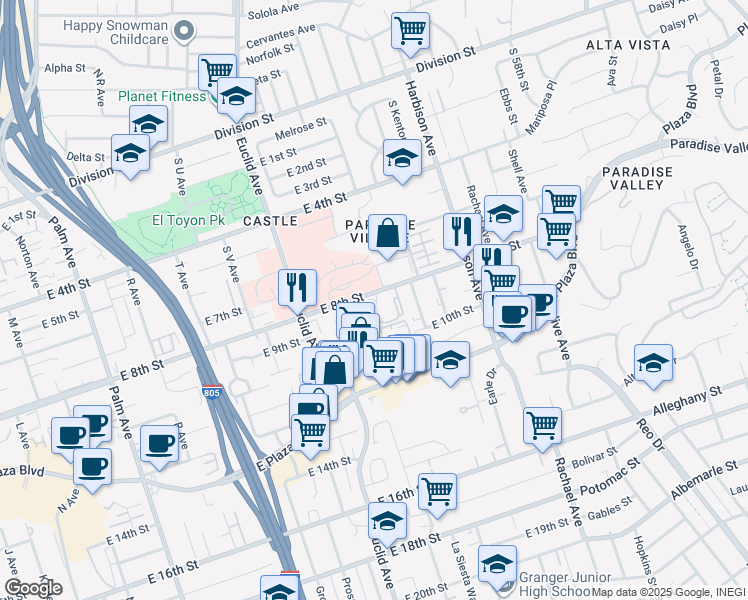 map of restaurants, bars, coffee shops, grocery stores, and more near 2720 East 8th Street in National City
