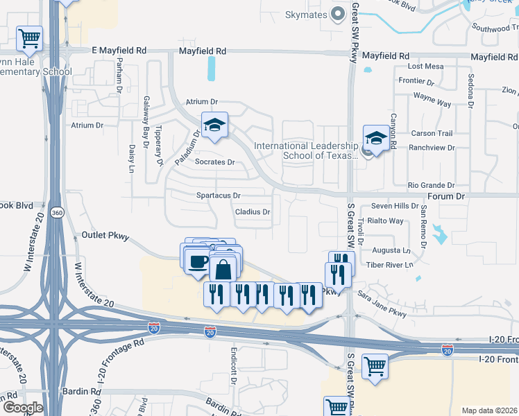 map of restaurants, bars, coffee shops, grocery stores, and more near 2710 Cladius Drive in Grand Prairie
