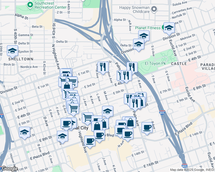 map of restaurants, bars, coffee shops, grocery stores, and more near 1333 East 4th Street in National City