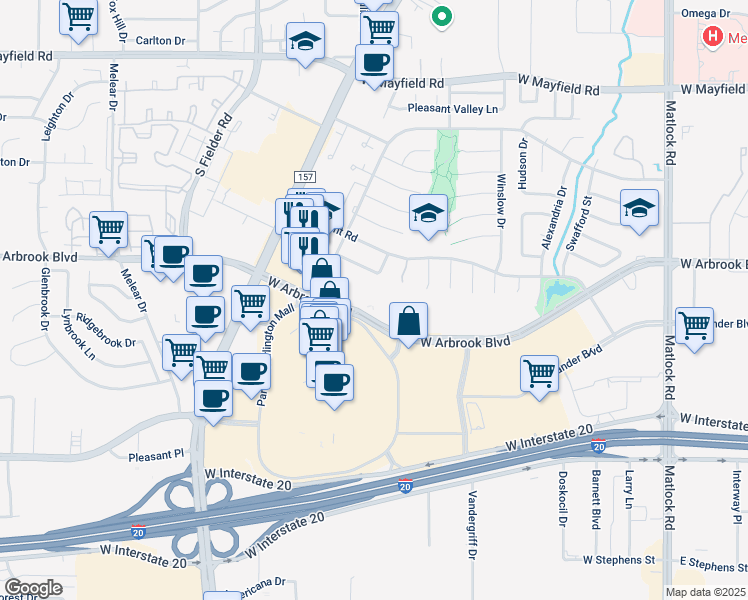 map of restaurants, bars, coffee shops, grocery stores, and more near 1131 West Arbrook Boulevard in Arlington