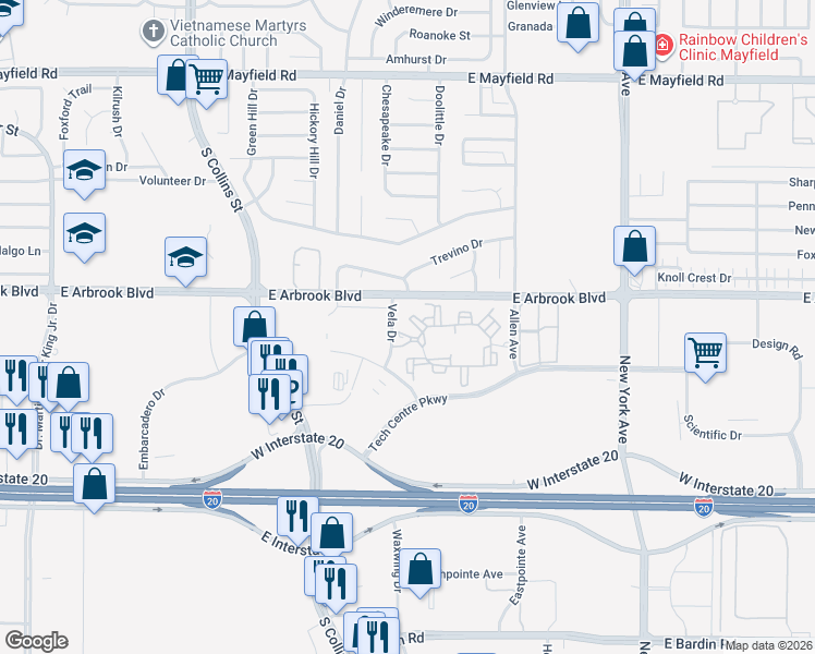 map of restaurants, bars, coffee shops, grocery stores, and more near 3700 Suntree Court in Arlington
