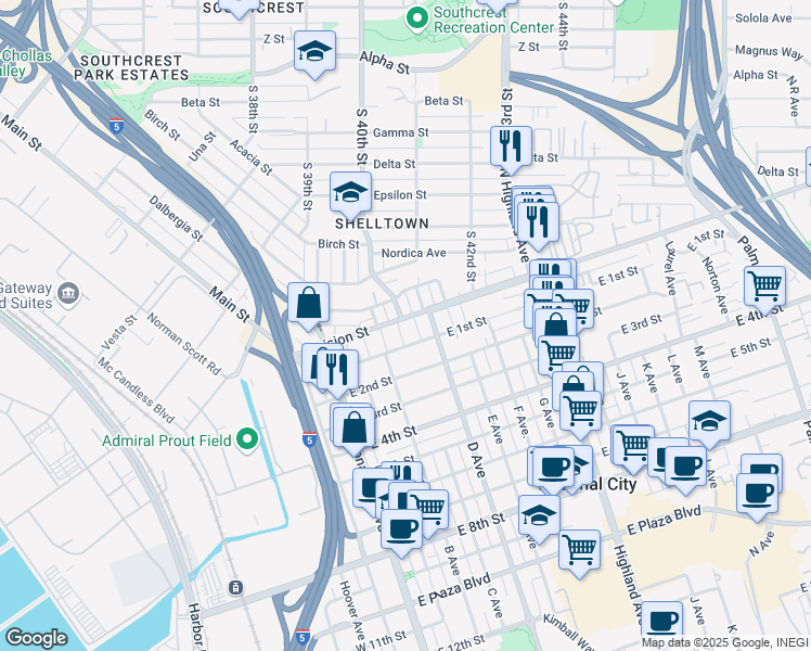 map of restaurants, bars, coffee shops, grocery stores, and more near 248 Division Street in National City