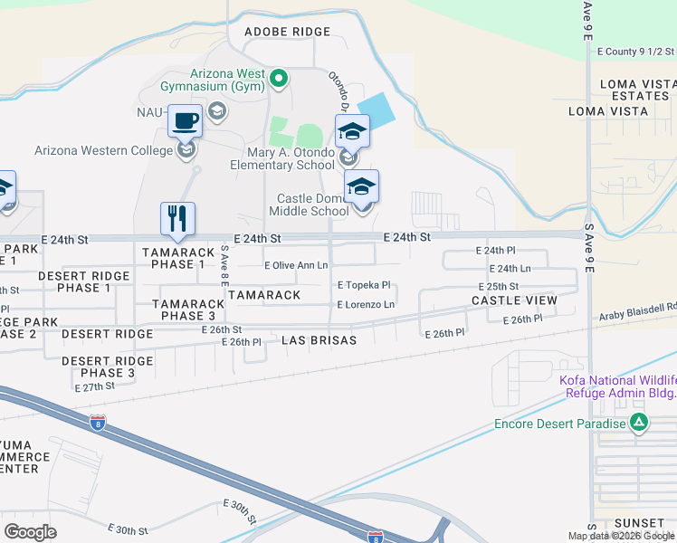 map of restaurants, bars, coffee shops, grocery stores, and more near S Otondo Dr in Yuma