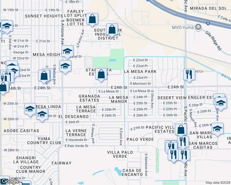 map of restaurants, bars, coffee shops, grocery stores, and more near 923 East La Mesa Street in Yuma