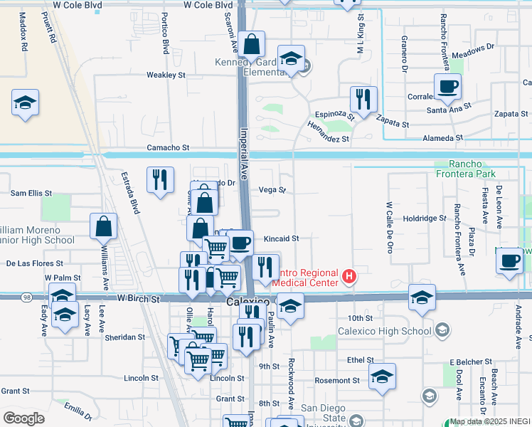 map of restaurants, bars, coffee shops, grocery stores, and more near 1601-1699 Imperial Ave E in Calexico