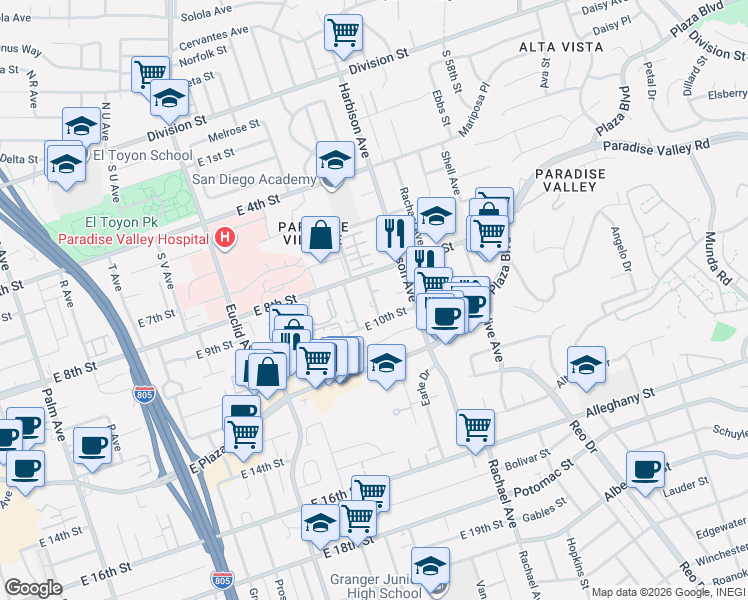 map of restaurants, bars, coffee shops, grocery stores, and more near 900 Pleasant Lane in National City