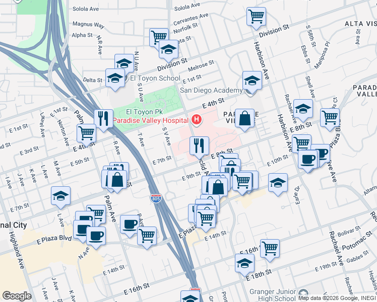 map of restaurants, bars, coffee shops, grocery stores, and more near 2325 East 7th Street in National City