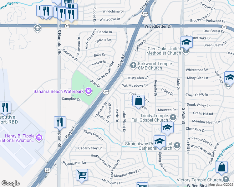 map of restaurants, bars, coffee shops, grocery stores, and more near 1570 Brook Valley Lane in Dallas
