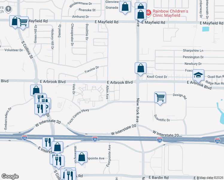 map of restaurants, bars, coffee shops, grocery stores, and more near 3725 Mill Height Drive in Arlington