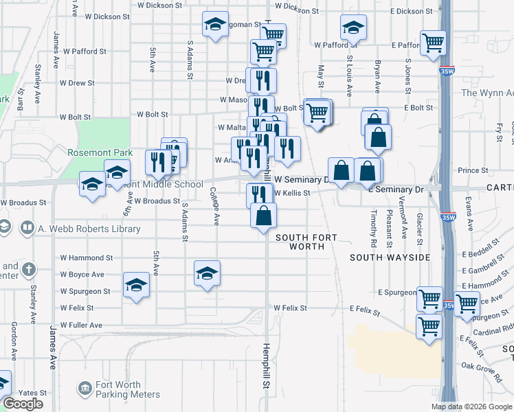map of restaurants, bars, coffee shops, grocery stores, and more near 710 West Beddell Street in Fort Worth