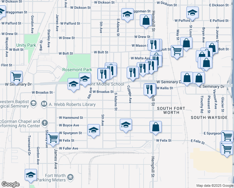 map of restaurants, bars, coffee shops, grocery stores, and more near 1112 West Broadus Street in Fort Worth