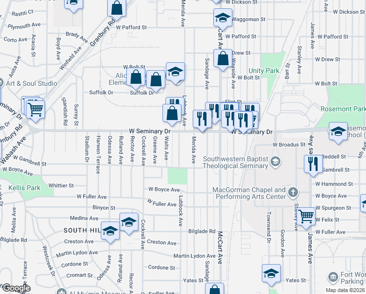 map of restaurants, bars, coffee shops, grocery stores, and more near 4325 Lubbock Avenue in Fort Worth