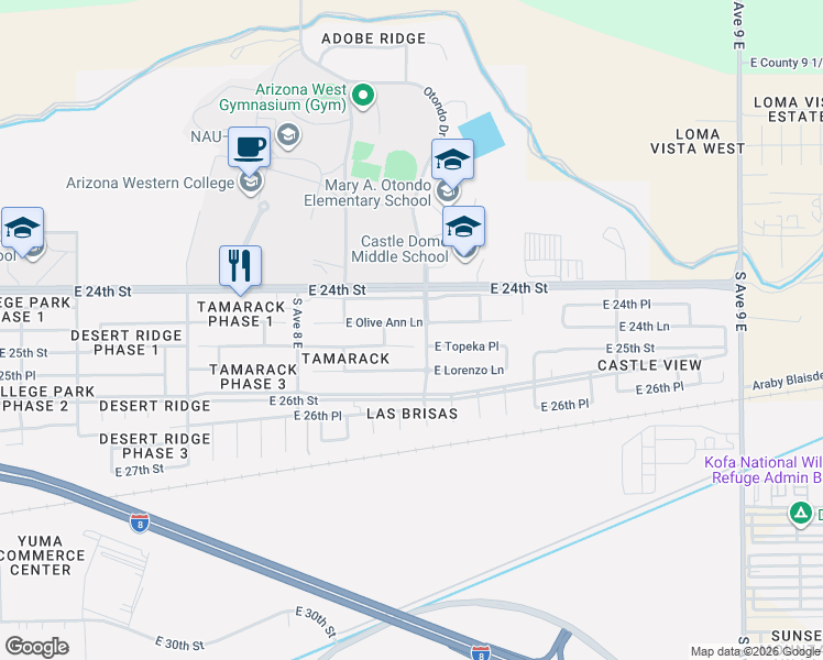 map of restaurants, bars, coffee shops, grocery stores, and more near S Otondo Dr in Yuma