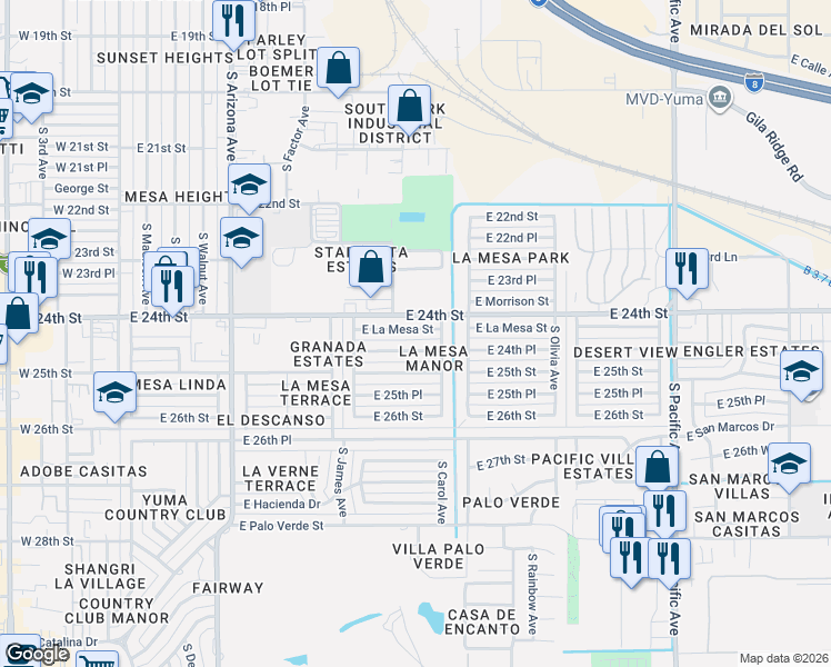 map of restaurants, bars, coffee shops, grocery stores, and more near 923 East La Mesa Street in Yuma