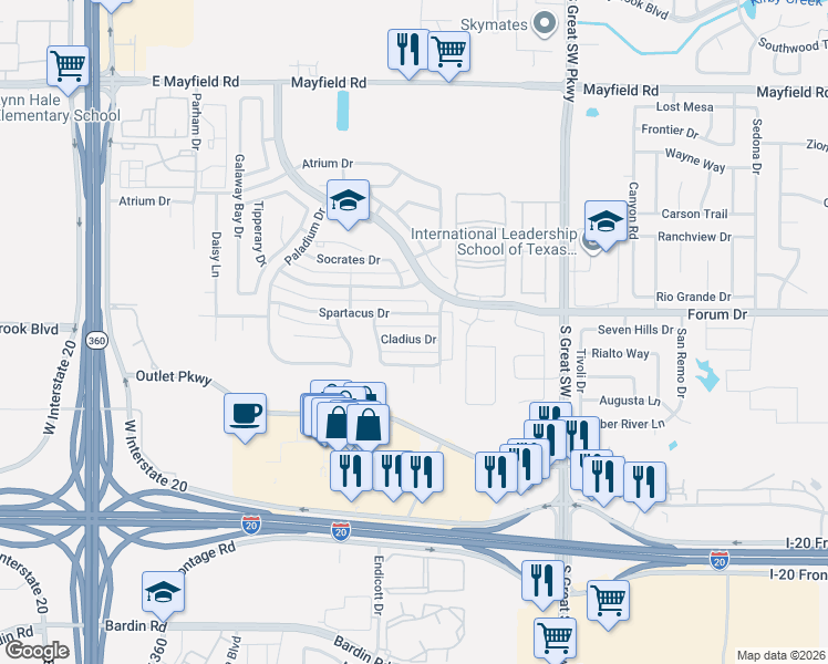 map of restaurants, bars, coffee shops, grocery stores, and more near 2710 Cladius Drive in Grand Prairie