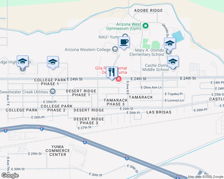 map of restaurants, bars, coffee shops, grocery stores, and more near 7795 East Olive Ann Lane in Yuma