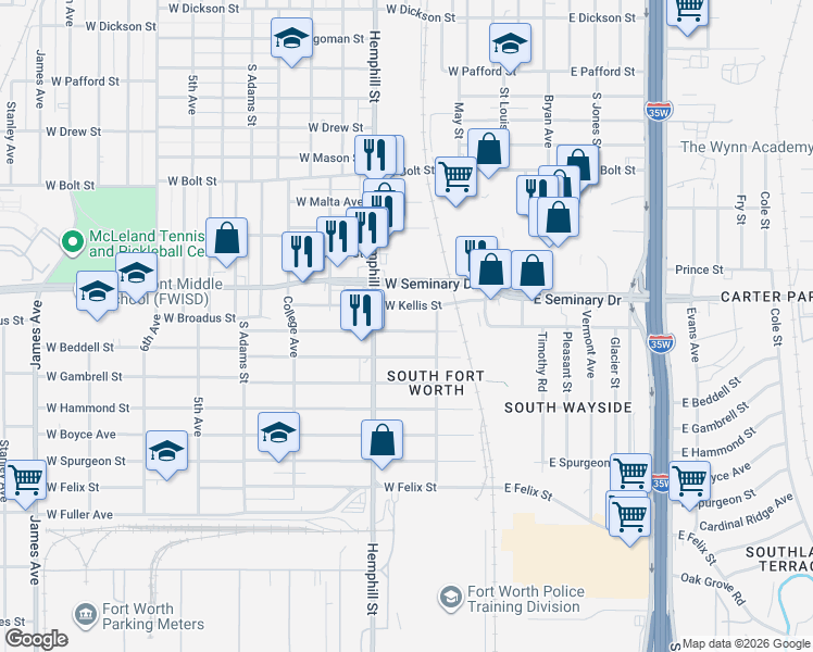 map of restaurants, bars, coffee shops, grocery stores, and more near 532 West Broadus Street in Fort Worth