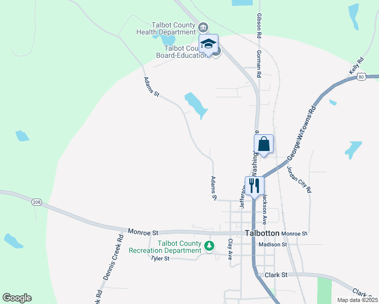 map of restaurants, bars, coffee shops, grocery stores, and more near 312 Adams Street in Talbotton