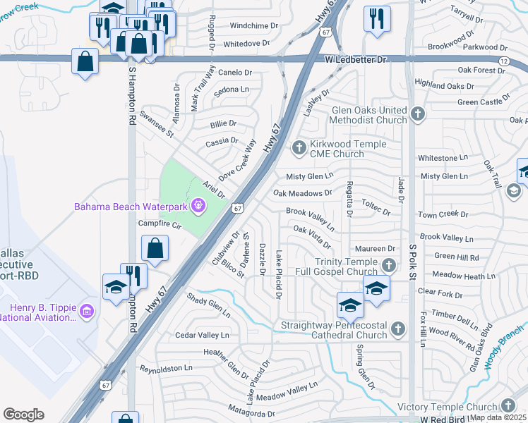 map of restaurants, bars, coffee shops, grocery stores, and more near 1570 Brook Valley Lane in Dallas