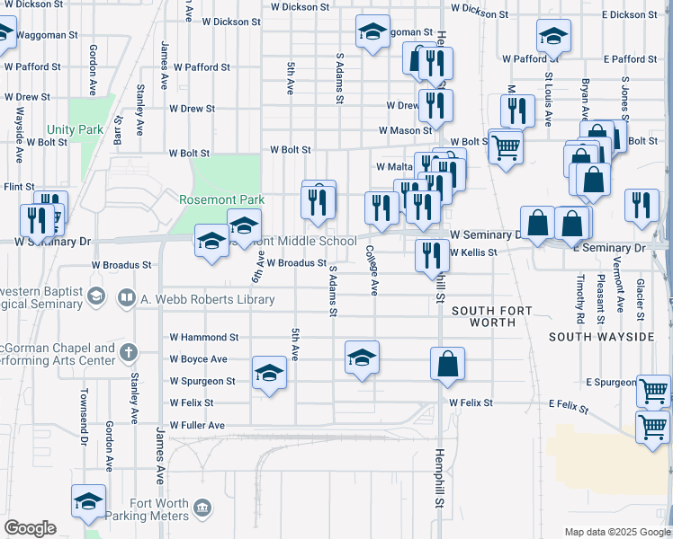 map of restaurants, bars, coffee shops, grocery stores, and more near 1112 West Broadus Street in Fort Worth