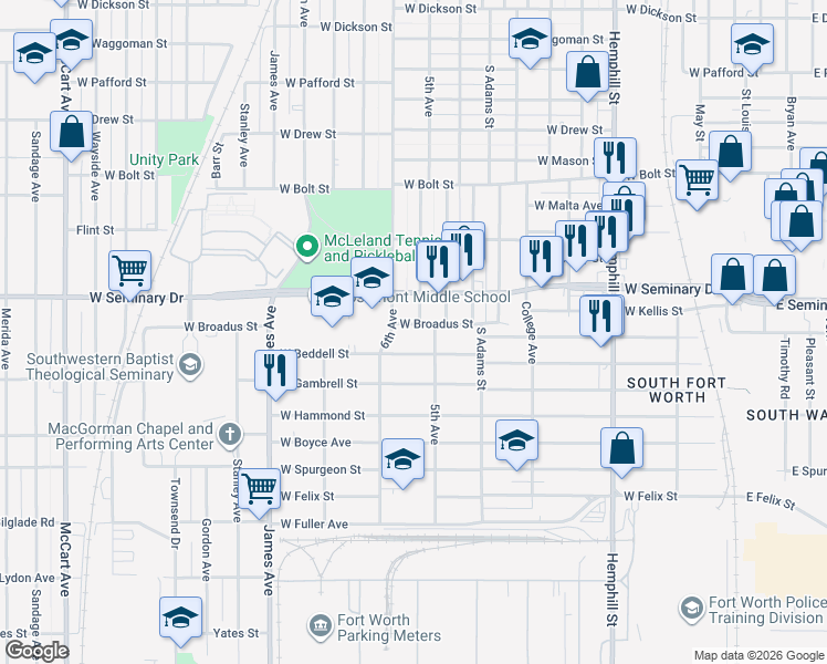 map of restaurants, bars, coffee shops, grocery stores, and more near 1317 West Broadus Street in Fort Worth