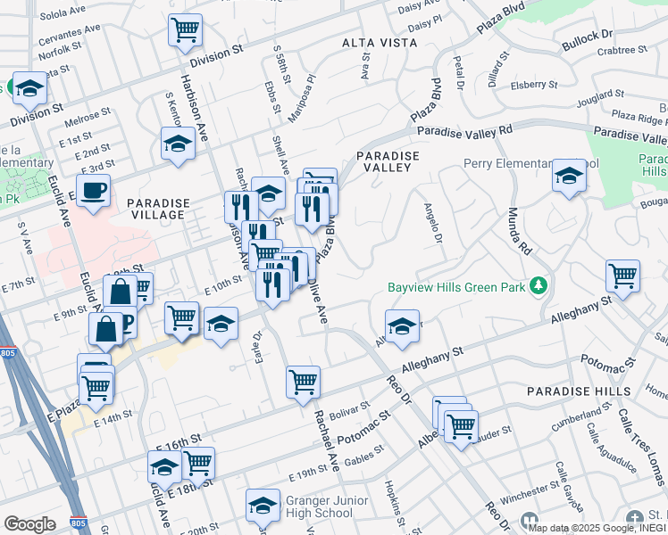 map of restaurants, bars, coffee shops, grocery stores, and more near 3409 Eleanor Pl in National City