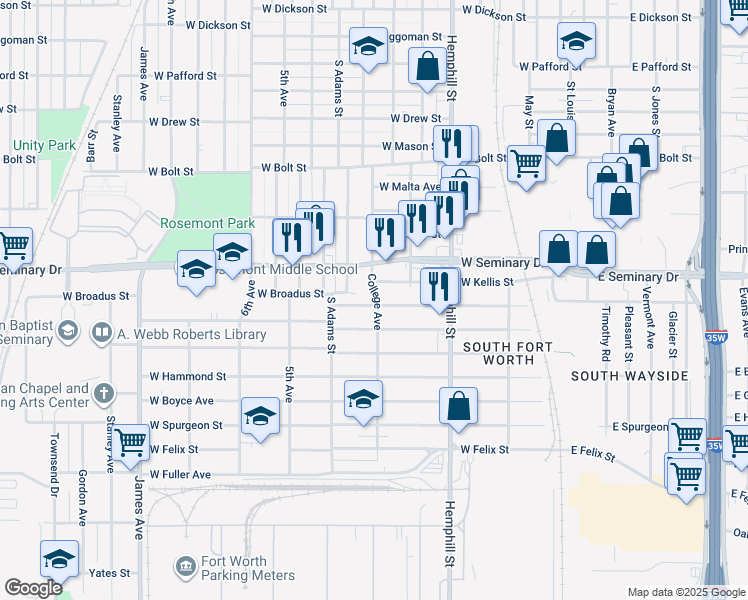 map of restaurants, bars, coffee shops, grocery stores, and more near 1000 West Broadus Street in Fort Worth