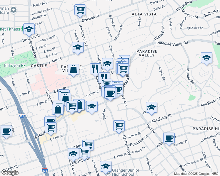 map of restaurants, bars, coffee shops, grocery stores, and more near 1000 Harbison Place in National City