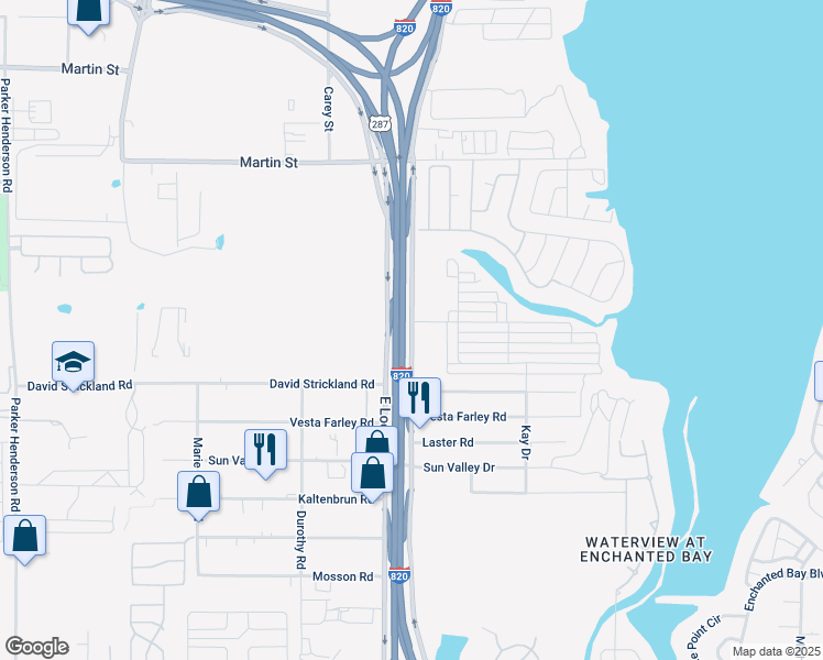 map of restaurants, bars, coffee shops, grocery stores, and more near 5221 East Loop 820 South in Fort Worth