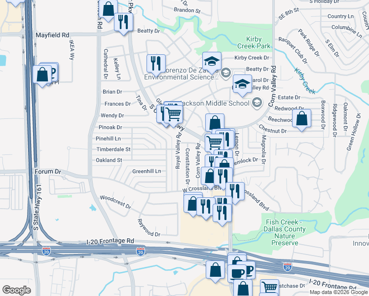 map of restaurants, bars, coffee shops, grocery stores, and more near 3707 Constitution Drive in Grand Prairie