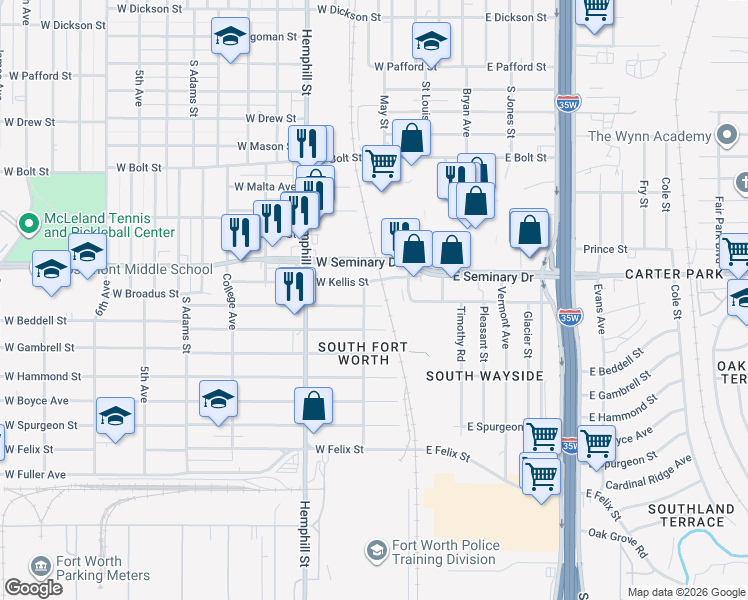 map of restaurants, bars, coffee shops, grocery stores, and more near 409 West Kellis Street in Fort Worth