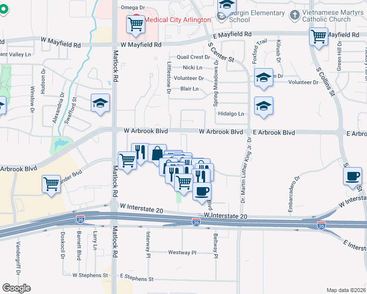 map of restaurants, bars, coffee shops, grocery stores, and more near 250 West Arbrook Boulevard in Arlington