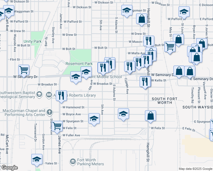 map of restaurants, bars, coffee shops, grocery stores, and more near 1225 West Broadus Street in Fort Worth