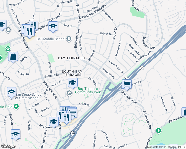 map of restaurants, bars, coffee shops, grocery stores, and more near 2333 Donnington Way in San Diego