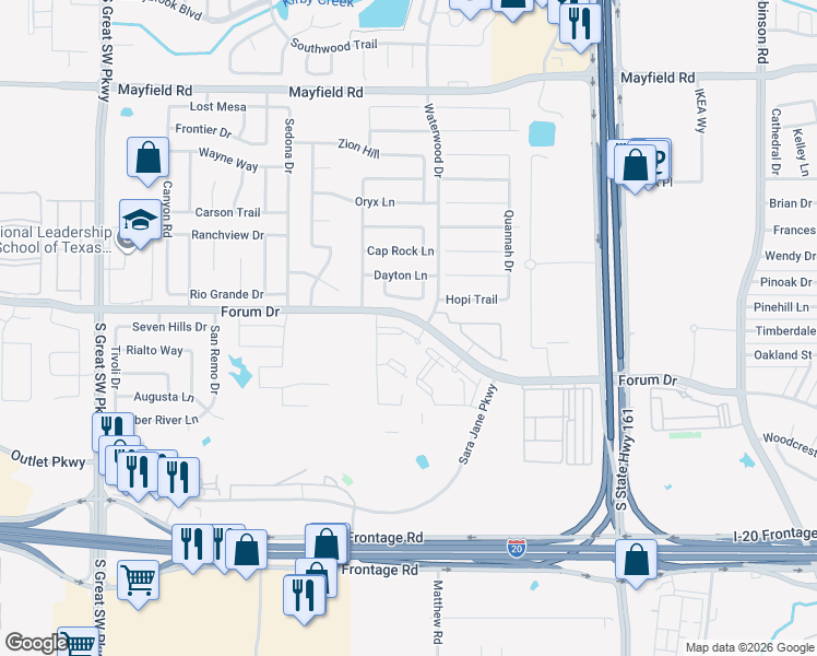 map of restaurants, bars, coffee shops, grocery stores, and more near 2105 Forum Drive in Grand Prairie