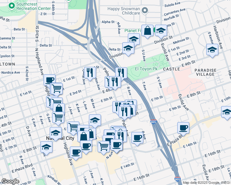 map of restaurants, bars, coffee shops, grocery stores, and more near 433 Palm Avenue in National City