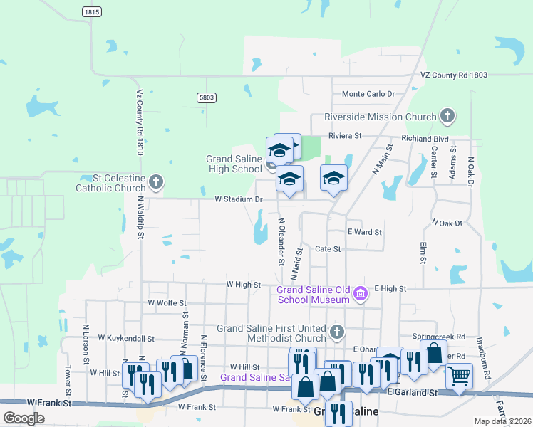 map of restaurants, bars, coffee shops, grocery stores, and more near 1015 North Oleander Street in Grand Saline
