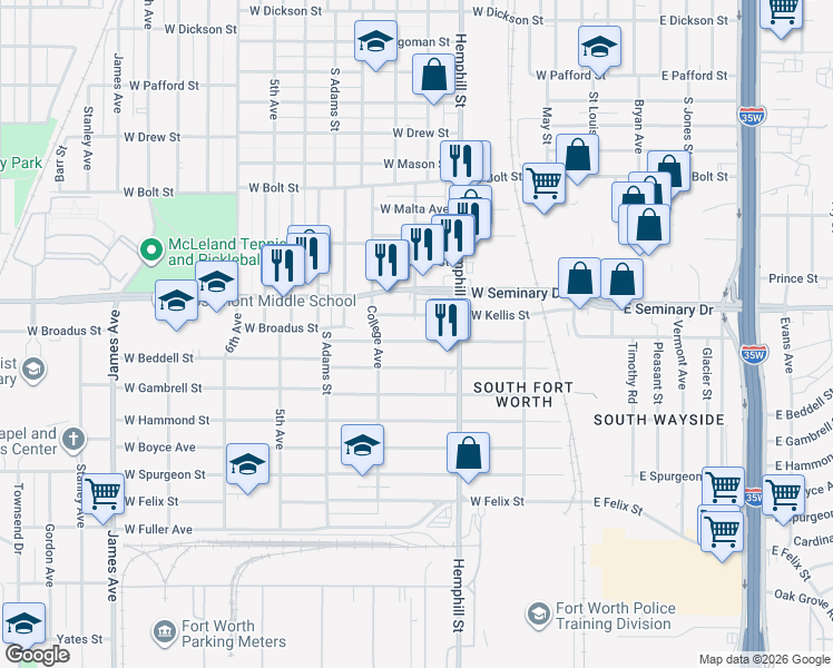 map of restaurants, bars, coffee shops, grocery stores, and more near 812 West Broadus Street in Fort Worth