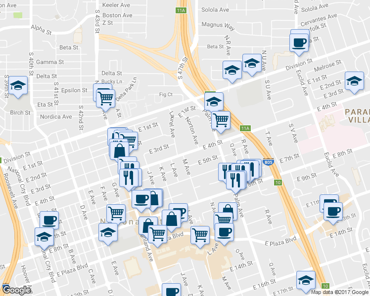 map of restaurants, bars, coffee shops, grocery stores, and more near 1333 East 4th Street in National City