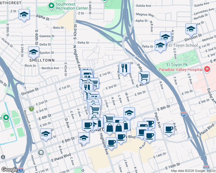 map of restaurants, bars, coffee shops, grocery stores, and more near 1045 East 3rd Street in National City