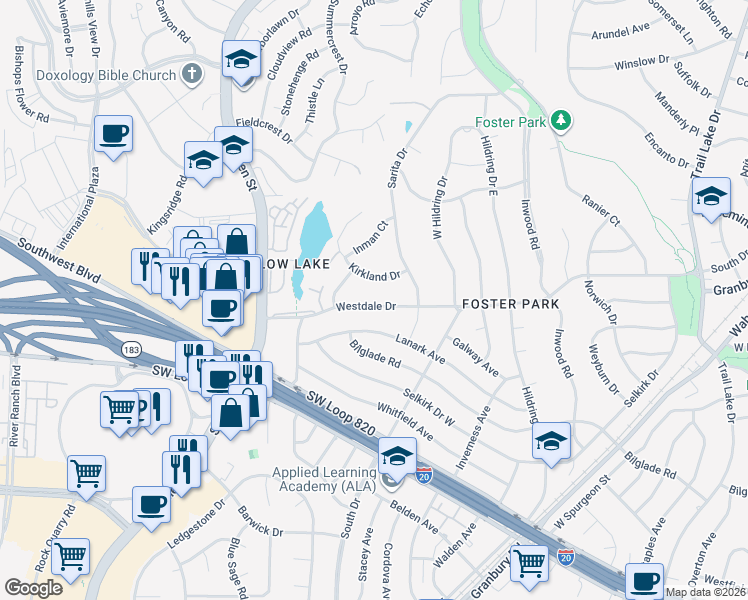 map of restaurants, bars, coffee shops, grocery stores, and more near 4336 Westdale Drive in Fort Worth