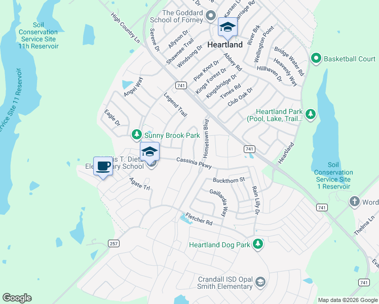 map of restaurants, bars, coffee shops, grocery stores, and more near 2107 Indigo Lane in Forney