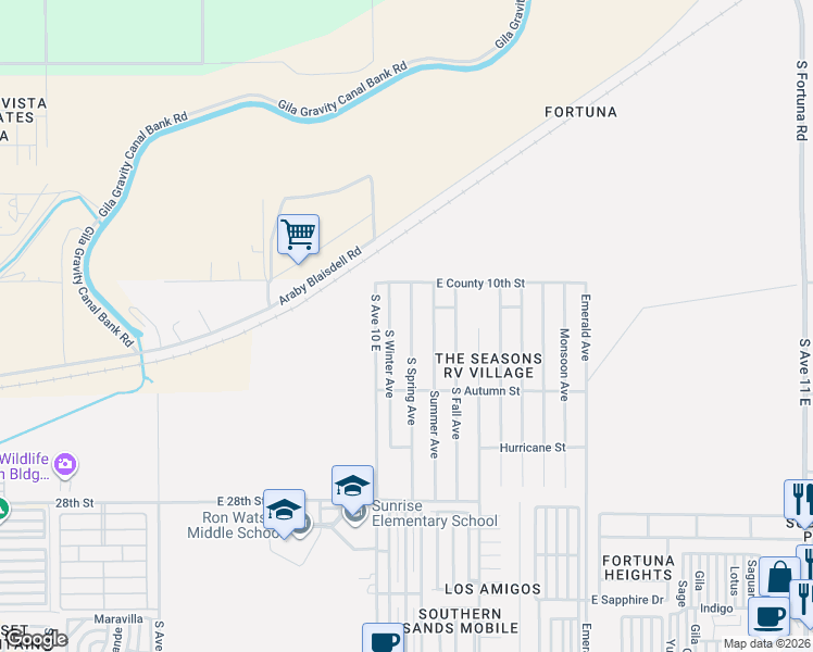 map of restaurants, bars, coffee shops, grocery stores, and more near 10191 South Winter Avenue in Yuma