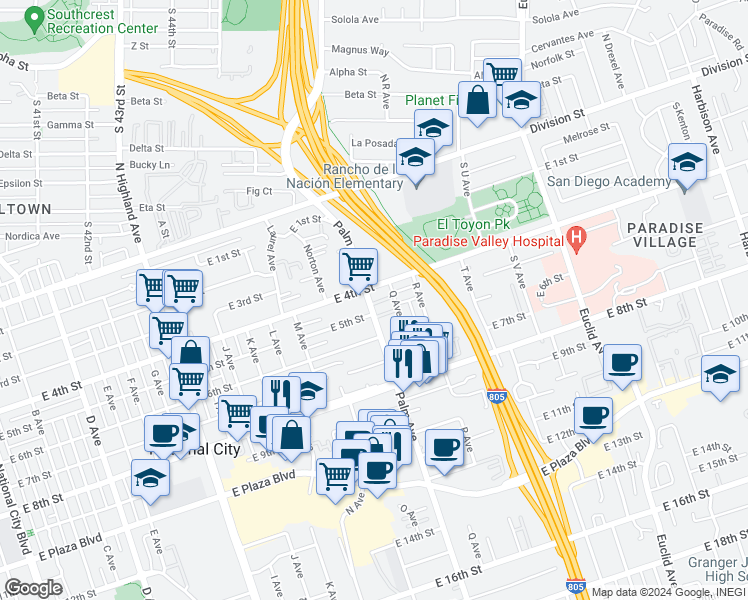 map of restaurants, bars, coffee shops, grocery stores, and more near 433 Palm Avenue in National City