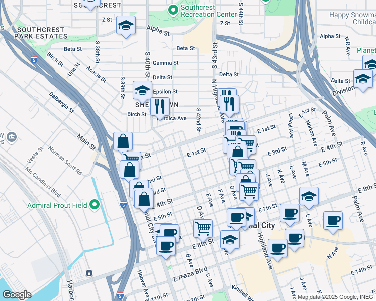 map of restaurants, bars, coffee shops, grocery stores, and more near 415 East 1st Street in National City