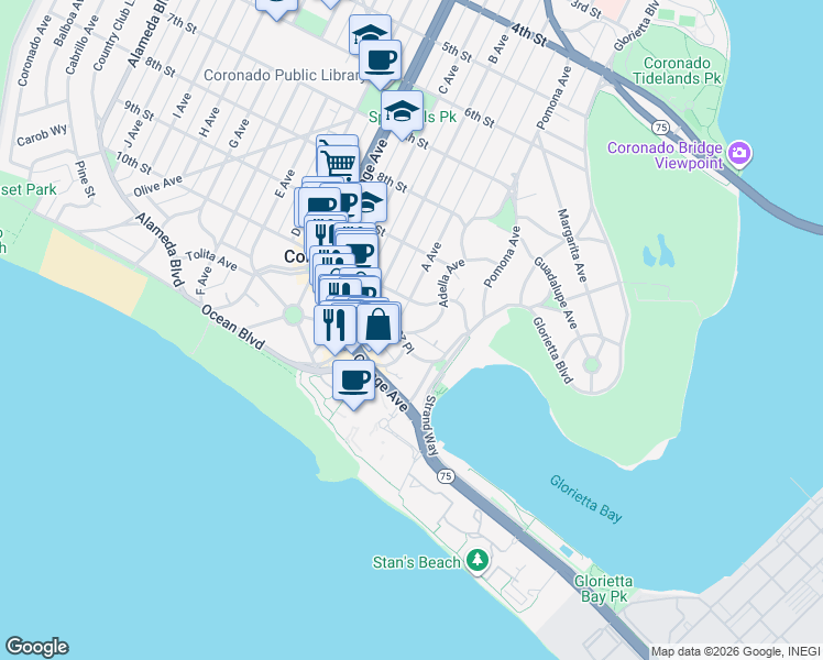 map of restaurants, bars, coffee shops, grocery stores, and more near in San Diego