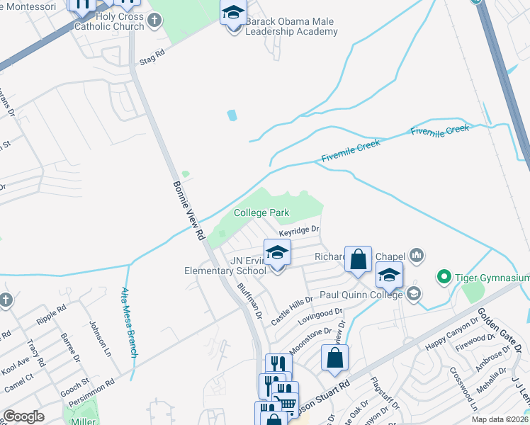 map of restaurants, bars, coffee shops, grocery stores, and more near 3405 Keyridge Drive in Dallas